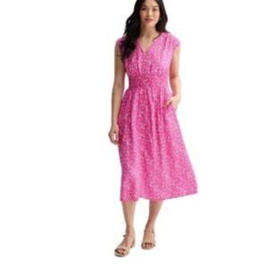 Sonoma Womens Button Midi Dress Pink Floral Smocked Waist Pockets Plus 2X New